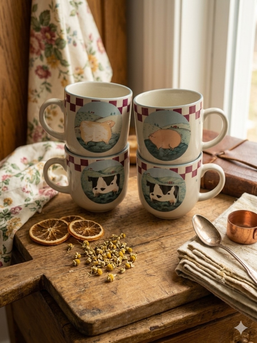 Vintage Tienshan Stoneware Animal Farm Mugs – Set of 4, 1980s Country Kitchen